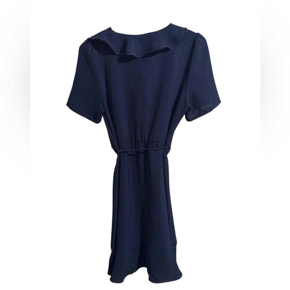 Chic Navy Ruffle Wrap Dress - Picture 2 of 3